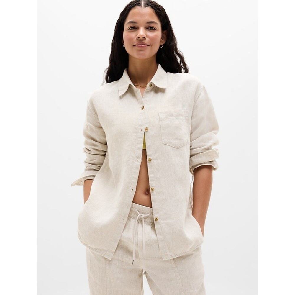 Women’s Athleta Retreat Linen Top Button Up Long Sleeve Shirt Linen Size Large